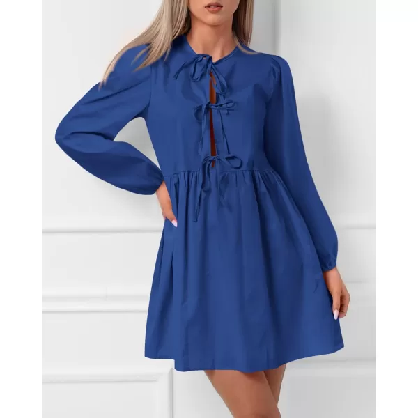 BTFBM Womens 2024 Fall Dresses Long Puff Sleeve Bow Tie Front Y2k Babydoll Peplum A Line Casual Cute Mini Tunic DressSolid Royal Blue