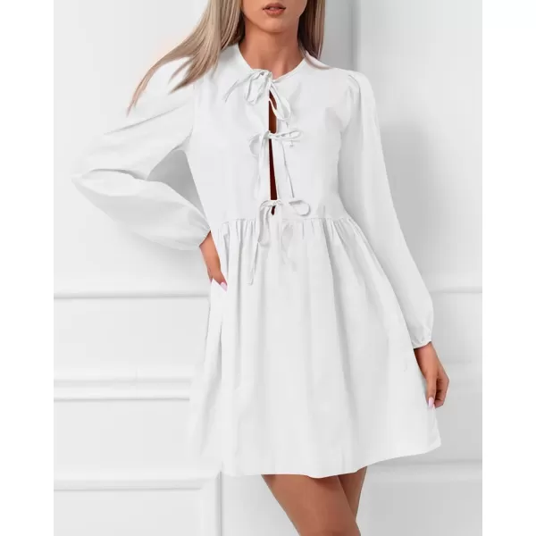 BTFBM Womens 2024 Fall Dresses Long Puff Sleeve Bow Tie Front Y2k Babydoll Peplum A Line Casual Cute Mini Tunic DressSolid White
