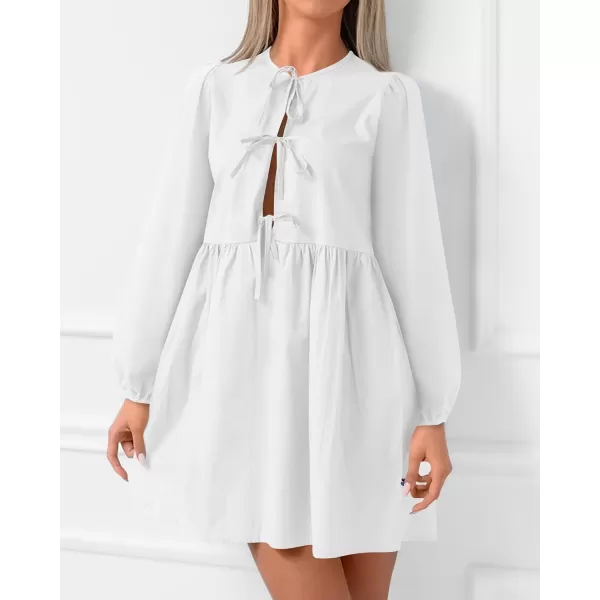 BTFBM Womens 2024 Fall Dresses Long Puff Sleeve Bow Tie Front Y2k Babydoll Peplum A Line Casual Cute Mini Tunic DressSolid White