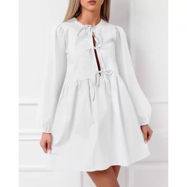 BTFBM Womens 2024 Fall Dresses Long Puff Sleeve Bow Tie Front Y2k Babydoll Peplum A Line Casual Cute Mini Tunic DressSolid White