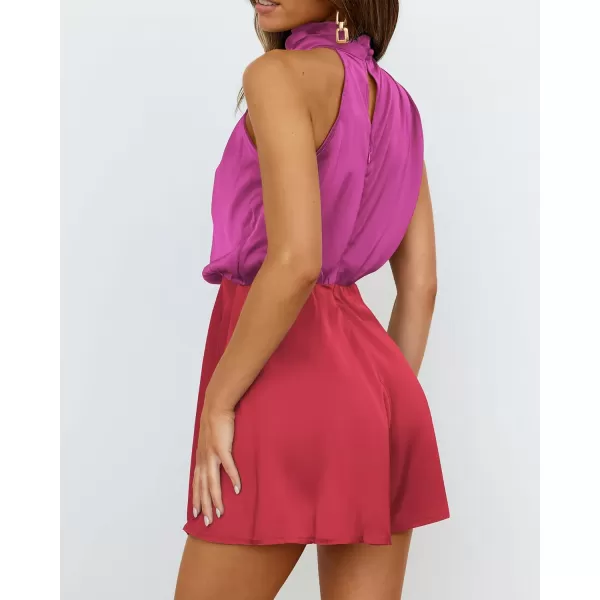 BTFBM Womens Mock Neck Summer Romper 2024 Satin Sleeveless Elastic Waist Casual Beach Party One Piece Shorts JumpsuitsStitched Rose Red