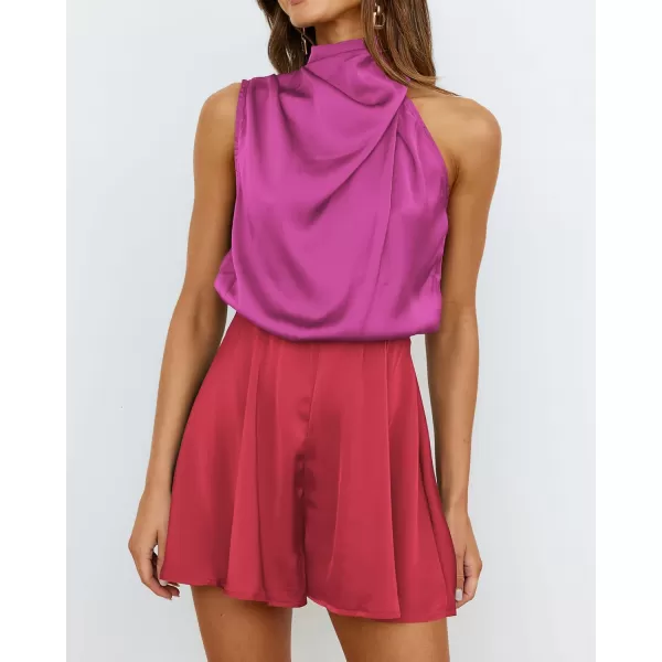 BTFBM Womens Mock Neck Summer Romper 2024 Satin Sleeveless Elastic Waist Casual Beach Party One Piece Shorts JumpsuitsStitched Rose Red