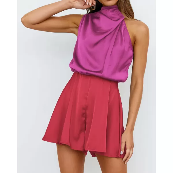 BTFBM Womens Mock Neck Summer Romper 2024 Satin Sleeveless Elastic Waist Casual Beach Party One Piece Shorts JumpsuitsStitched Rose Red