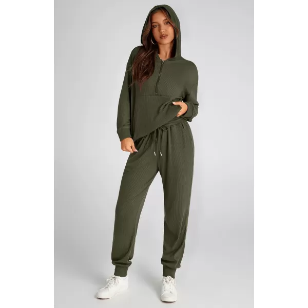 BTFBM Womens Two Piece Tracksuit Fall Long Sleeve Zip Up Hoodie Sweatshirt Long Pants Drawstring Outfits Jogger SetsSolid Army Green