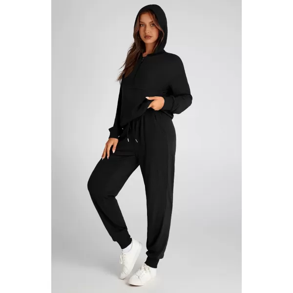 BTFBM Womens Two Piece Tracksuit Fall Long Sleeve Zip Up Hoodie Sweatshirt Long Pants Drawstring Outfits Jogger SetsSolid Black