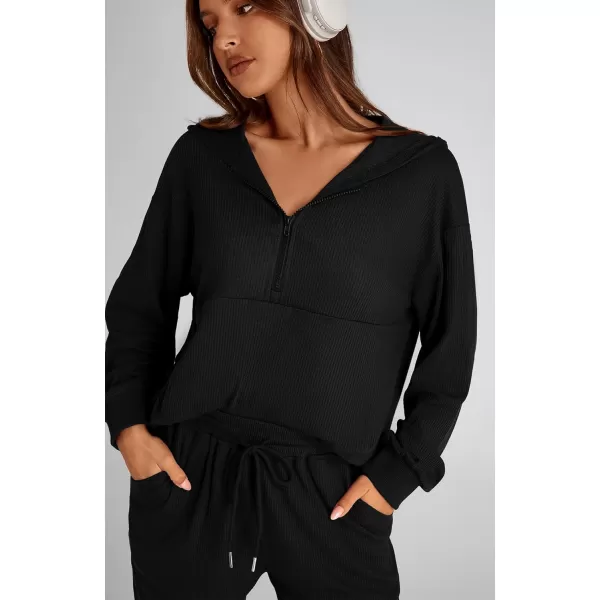 BTFBM Womens Two Piece Tracksuit Fall Long Sleeve Zip Up Hoodie Sweatshirt Long Pants Drawstring Outfits Jogger SetsSolid Black