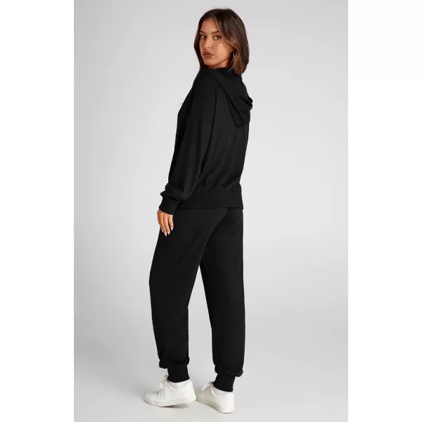 BTFBM Womens Two Piece Tracksuit Fall Long Sleeve Zip Up Hoodie Sweatshirt Long Pants Drawstring Outfits Jogger SetsSolid Black