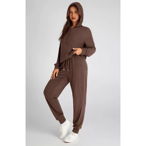 BTFBM Womens Two Piece Tracksuit Fall Long Sleeve Zip Up Hoodie Sweatshirt Long Pants Drawstring Outfits Jogger SetsSolid Coffee