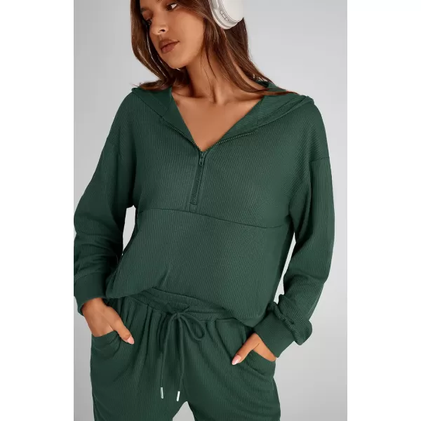 BTFBM Womens Two Piece Tracksuit Fall Long Sleeve Zip Up Hoodie Sweatshirt Long Pants Drawstring Outfits Jogger SetsSolid Dark Green
