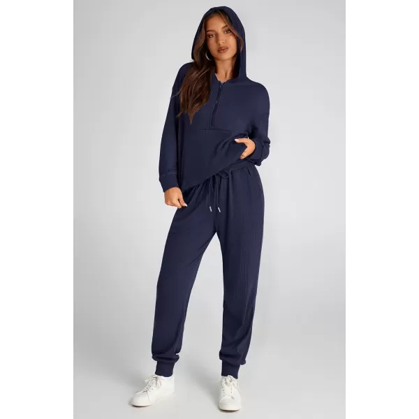 BTFBM Womens Two Piece Tracksuit Fall Long Sleeve Zip Up Hoodie Sweatshirt Long Pants Drawstring Outfits Jogger SetsSolid Navy
