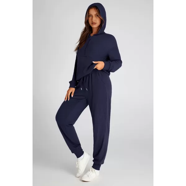 BTFBM Womens Two Piece Tracksuit Fall Long Sleeve Zip Up Hoodie Sweatshirt Long Pants Drawstring Outfits Jogger SetsSolid Navy