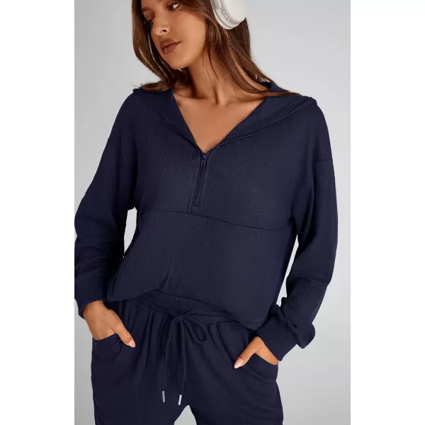 BTFBM Womens Two Piece Tracksuit Fall Long Sleeve Zip Up Hoodie Sweatshirt Long Pants Drawstring Outfits Jogger SetsSolid Navy