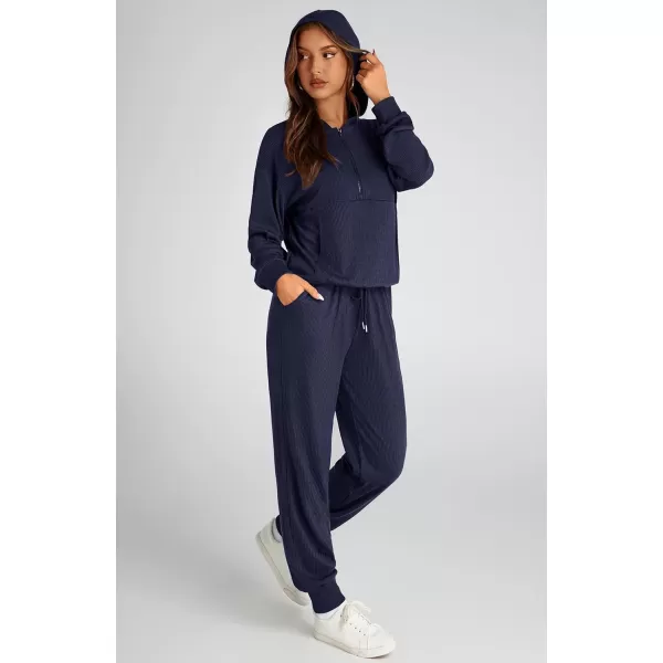 BTFBM Womens Two Piece Tracksuit Fall Long Sleeve Zip Up Hoodie Sweatshirt Long Pants Drawstring Outfits Jogger SetsSolid Navy