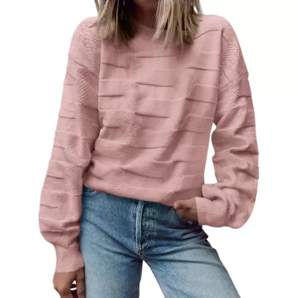 BTFBM Casual Women 2024 Fall Sweater Long Sleeve Ribbed Knit Pullover Loose Solid Crewneck Jumper TopsSolid Dusty Pink