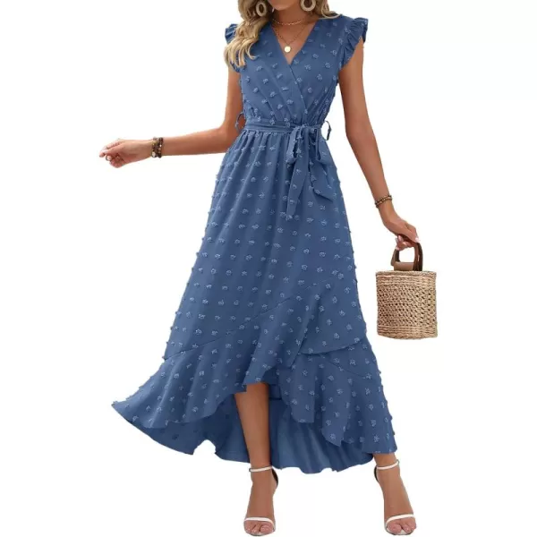 BTFBM Women 2024 Summer V Neck Dress Cap Sleeve Swiss Dot Boho Ruffle Slit Beach Cocktail Party Flowy Long Maxi DressesSwiss Dot Blue