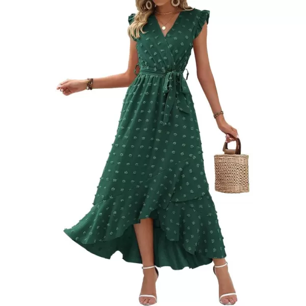 BTFBM Women 2024 Summer V Neck Dress Cap Sleeve Swiss Dot Boho Ruffle Slit Beach Cocktail Party Flowy Long Maxi DressesSwiss Dot Dark Green