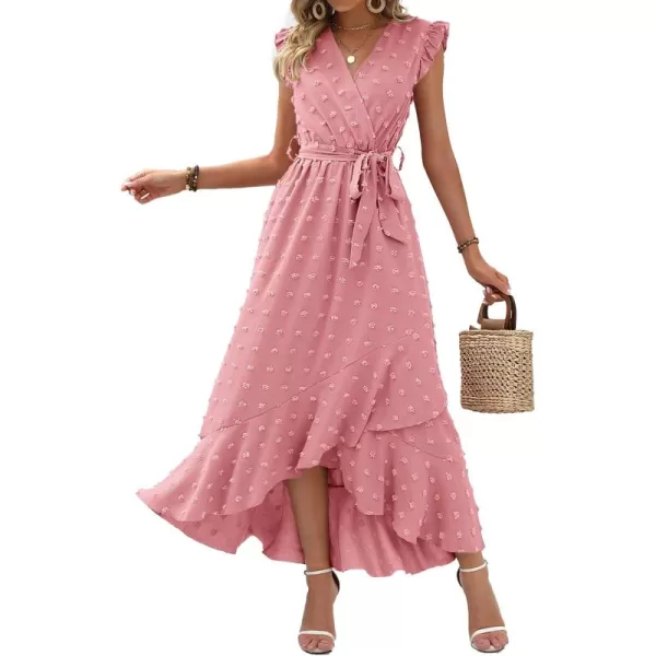 BTFBM Women 2024 Summer V Neck Dress Cap Sleeve Swiss Dot Boho Ruffle Slit Beach Cocktail Party Flowy Long Maxi DressesSwiss Dot Light Pink