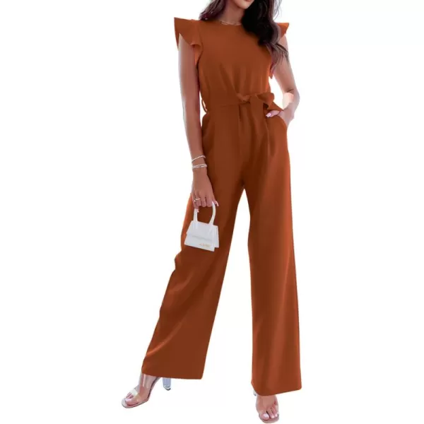 BTFBM Women Jumpsuits Crew Neck Ruffle Cap Sleeve Belted High Waist Wide Leg Romper with Pockets One Piece Casual OutfitsSolid Rust Red