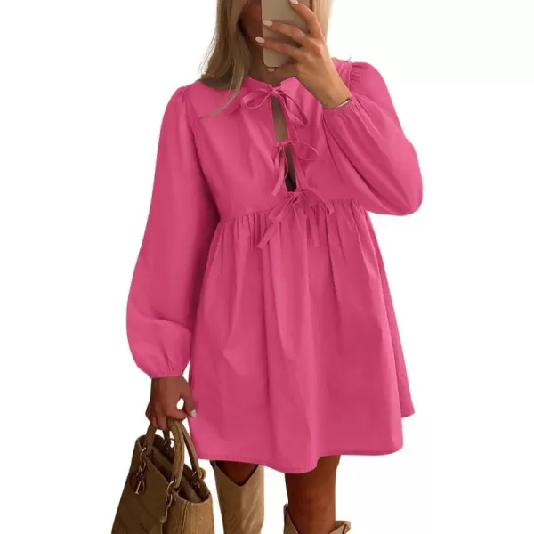 BTFBM Womens 2024 Fall Dresses Long Puff Sleeve Bow Tie Front Y2k Babydoll A Line Casual Cute Mini Dress with PocketsSolid Rose Red