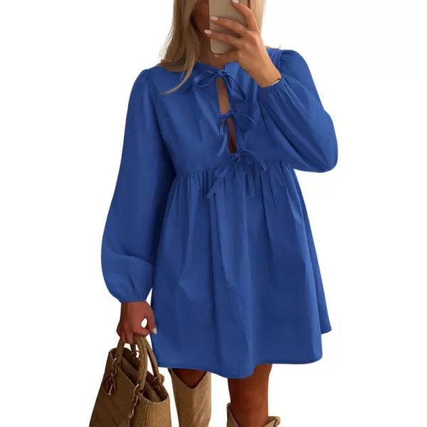 BTFBM Womens 2024 Fall Dresses Long Puff Sleeve Bow Tie Front Y2k Babydoll Peplum A Line Casual Cute Mini Tunic DressSolid Royal Blue