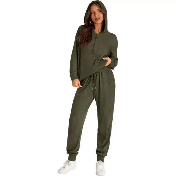 BTFBM Womens Two Piece Tracksuit Fall Long Sleeve Zip Up Hoodie Sweatshirt Long Pants Drawstring Outfits Jogger SetsSolid Army Green