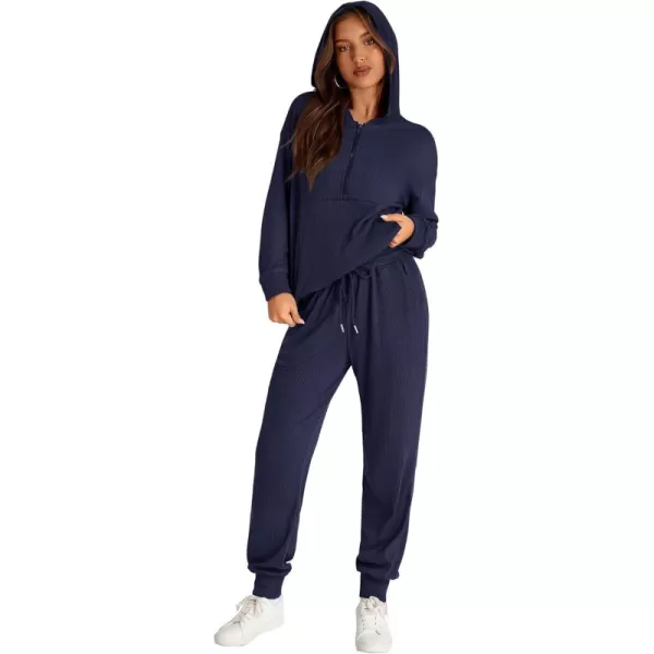 BTFBM Womens Two Piece Tracksuit Fall Long Sleeve Zip Up Hoodie Sweatshirt Long Pants Drawstring Outfits Jogger SetsSolid Navy