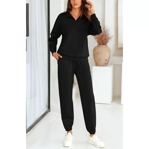 BTFBM Womens 2 Piece Sweatsuit Sets Fall Outfits Tracksuits 2024 Long Sleeve Half Zip Sweatshirt Sweatpants Lounge SetSolid Black