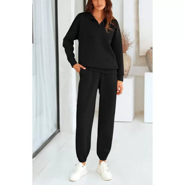 BTFBM Womens 2 Piece Sweatsuit Sets Fall Outfits Tracksuits 2024 Long Sleeve Half Zip Sweatshirt Sweatpants Lounge SetSolid Black