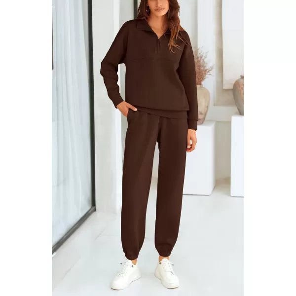 BTFBM Womens 2 Piece Sweatsuit Sets Fall Outfits Tracksuits 2024 Long Sleeve Half Zip Sweatshirt Sweatpants Lounge SetSolid Brown