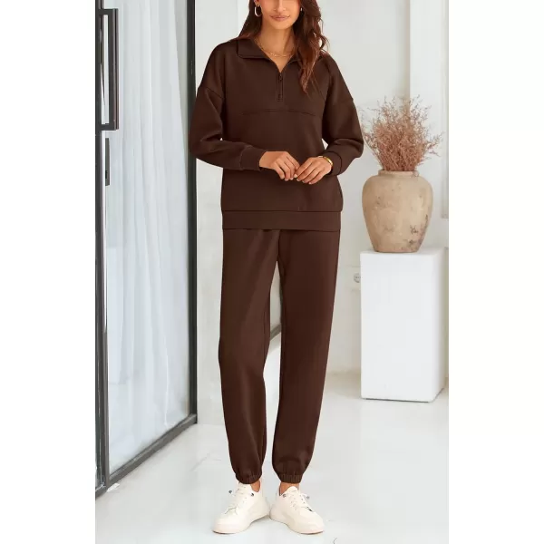 BTFBM Womens 2 Piece Sweatsuit Sets Fall Outfits Tracksuits 2024 Long Sleeve Half Zip Sweatshirt Sweatpants Lounge SetSolid Brown