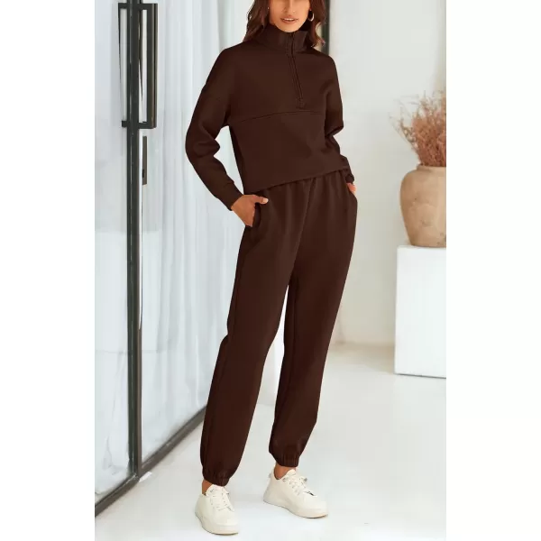BTFBM Womens 2 Piece Sweatsuit Sets Fall Outfits Tracksuits 2024 Long Sleeve Half Zip Sweatshirt Sweatpants Lounge SetSolid Brown
