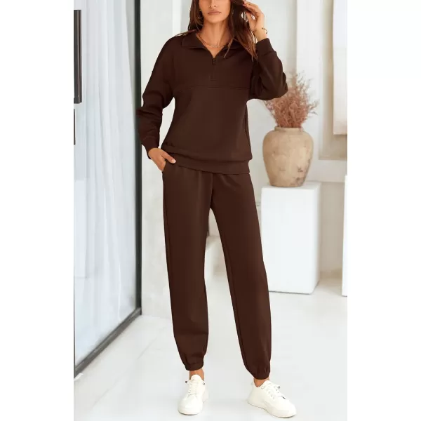 BTFBM Womens 2 Piece Sweatsuit Sets Fall Outfits Tracksuits 2024 Long Sleeve Half Zip Sweatshirt Sweatpants Lounge SetSolid Brown