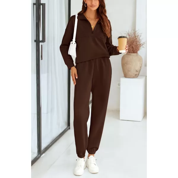 BTFBM Womens 2 Piece Sweatsuit Sets Fall Outfits Tracksuits 2024 Long Sleeve Half Zip Sweatshirt Sweatpants Lounge SetSolid Brown