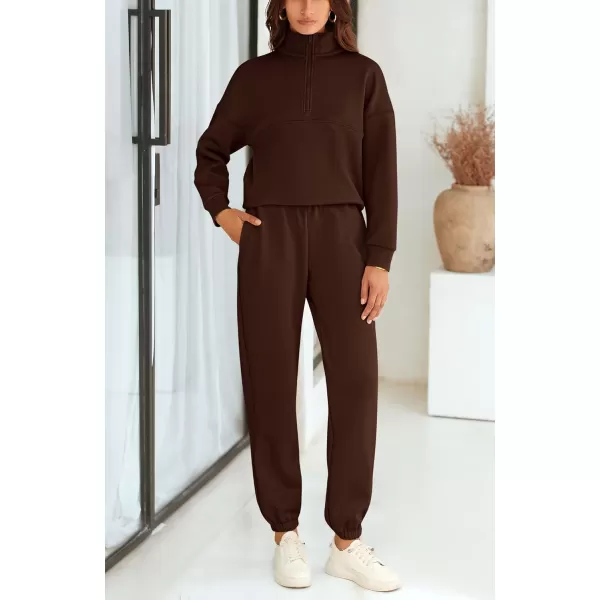 BTFBM Womens 2 Piece Sweatsuit Sets Fall Outfits Tracksuits 2024 Long Sleeve Half Zip Sweatshirt Sweatpants Lounge SetSolid Brown