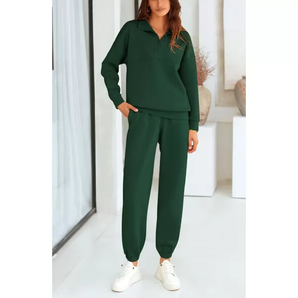 BTFBM Womens 2 Piece Sweatsuit Sets Fall Outfits Tracksuits 2024 Long Sleeve Half Zip Sweatshirt Sweatpants Lounge SetSolid Dark Green