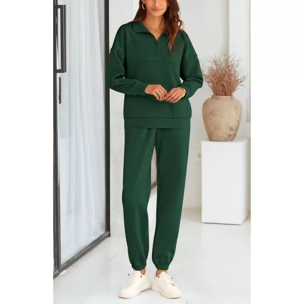 BTFBM Womens 2 Piece Sweatsuit Sets Fall Outfits Tracksuits 2024 Long Sleeve Half Zip Sweatshirt Sweatpants Lounge SetSolid Dark Green