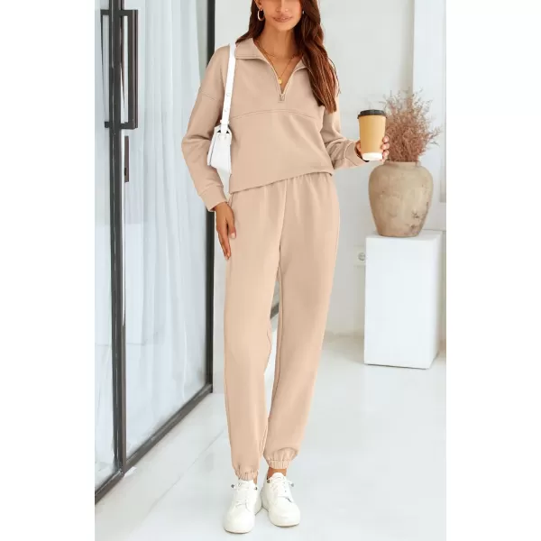 BTFBM Womens 2 Piece Sweatsuit Sets Fall Outfits Tracksuits 2024 Long Sleeve Half Zip Sweatshirt Sweatpants Lounge SetSolid Light Khaki