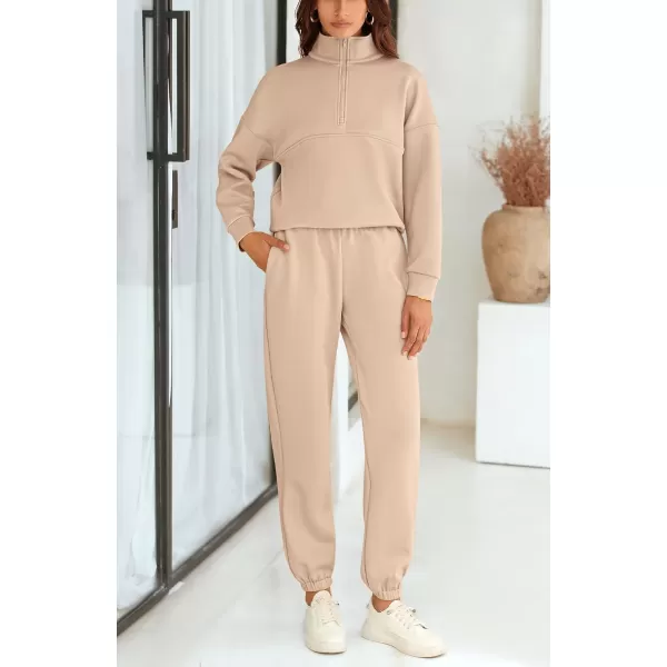 BTFBM Womens 2 Piece Sweatsuit Sets Fall Outfits Tracksuits 2024 Long Sleeve Half Zip Sweatshirt Sweatpants Lounge SetSolid Light Khaki
