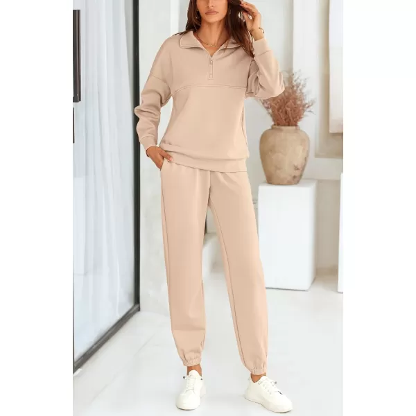 BTFBM Womens 2 Piece Sweatsuit Sets Fall Outfits Tracksuits 2024 Long Sleeve Half Zip Sweatshirt Sweatpants Lounge SetSolid Light Khaki