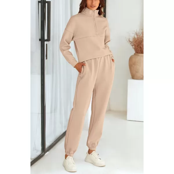 BTFBM Womens 2 Piece Sweatsuit Sets Fall Outfits Tracksuits 2024 Long Sleeve Half Zip Sweatshirt Sweatpants Lounge SetSolid Light Khaki
