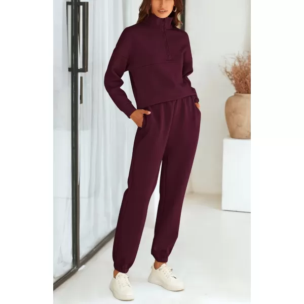 BTFBM Womens 2 Piece Sweatsuit Sets Fall Outfits Tracksuits 2024 Long Sleeve Half Zip Sweatshirt Sweatpants Lounge SetSolid Wine Red