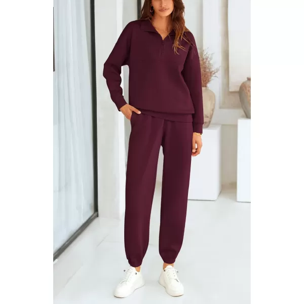 BTFBM Womens 2 Piece Sweatsuit Sets Fall Outfits Tracksuits 2024 Long Sleeve Half Zip Sweatshirt Sweatpants Lounge SetSolid Wine Red