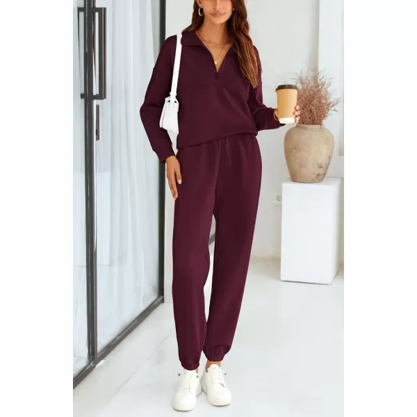 BTFBM Womens 2 Piece Sweatsuit Sets Fall Outfits Tracksuits 2024 Long Sleeve Half Zip Sweatshirt Sweatpants Lounge SetSolid Wine Red
