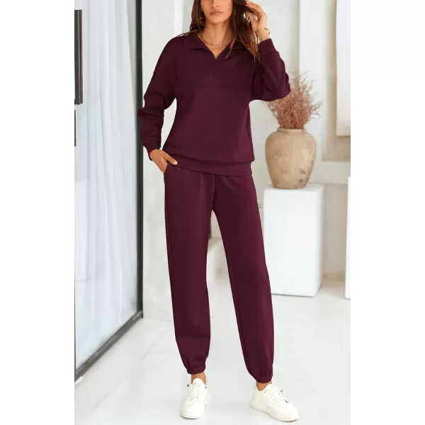 BTFBM Womens 2 Piece Sweatsuit Sets Fall Outfits Tracksuits 2024 Long Sleeve Half Zip Sweatshirt Sweatpants Lounge SetSolid Wine Red