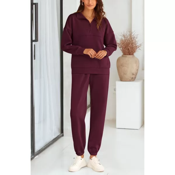 BTFBM Womens 2 Piece Sweatsuit Sets Fall Outfits Tracksuits 2024 Long Sleeve Half Zip Sweatshirt Sweatpants Lounge SetSolid Wine Red
