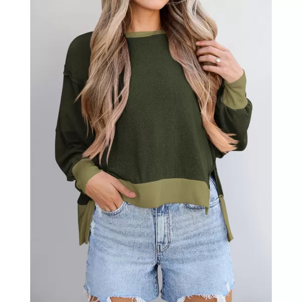 BTFBM Womens Casual Long Sleeve Blouses Crew Neck Drop Shoulder Color Block Shirts Fall Loose Pullover Ribbed Knit TopsArmy Green