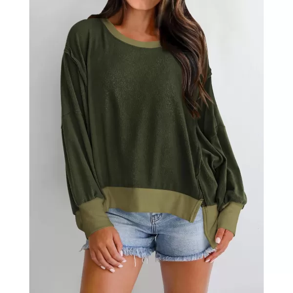 BTFBM Womens Casual Long Sleeve Blouses Crew Neck Drop Shoulder Color Block Shirts Fall Loose Pullover Ribbed Knit TopsArmy Green