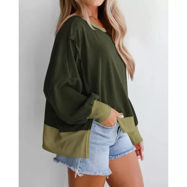 BTFBM Womens Casual Long Sleeve Blouses Crew Neck Drop Shoulder Color Block Shirts Fall Loose Pullover Ribbed Knit TopsArmy Green