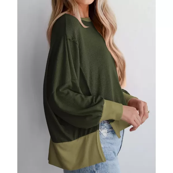 BTFBM Womens Casual Long Sleeve Blouses Crew Neck Drop Shoulder Color Block Shirts Fall Loose Pullover Ribbed Knit TopsArmy Green