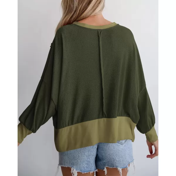 BTFBM Womens Casual Long Sleeve Blouses Crew Neck Drop Shoulder Color Block Shirts Fall Loose Pullover Ribbed Knit TopsArmy Green